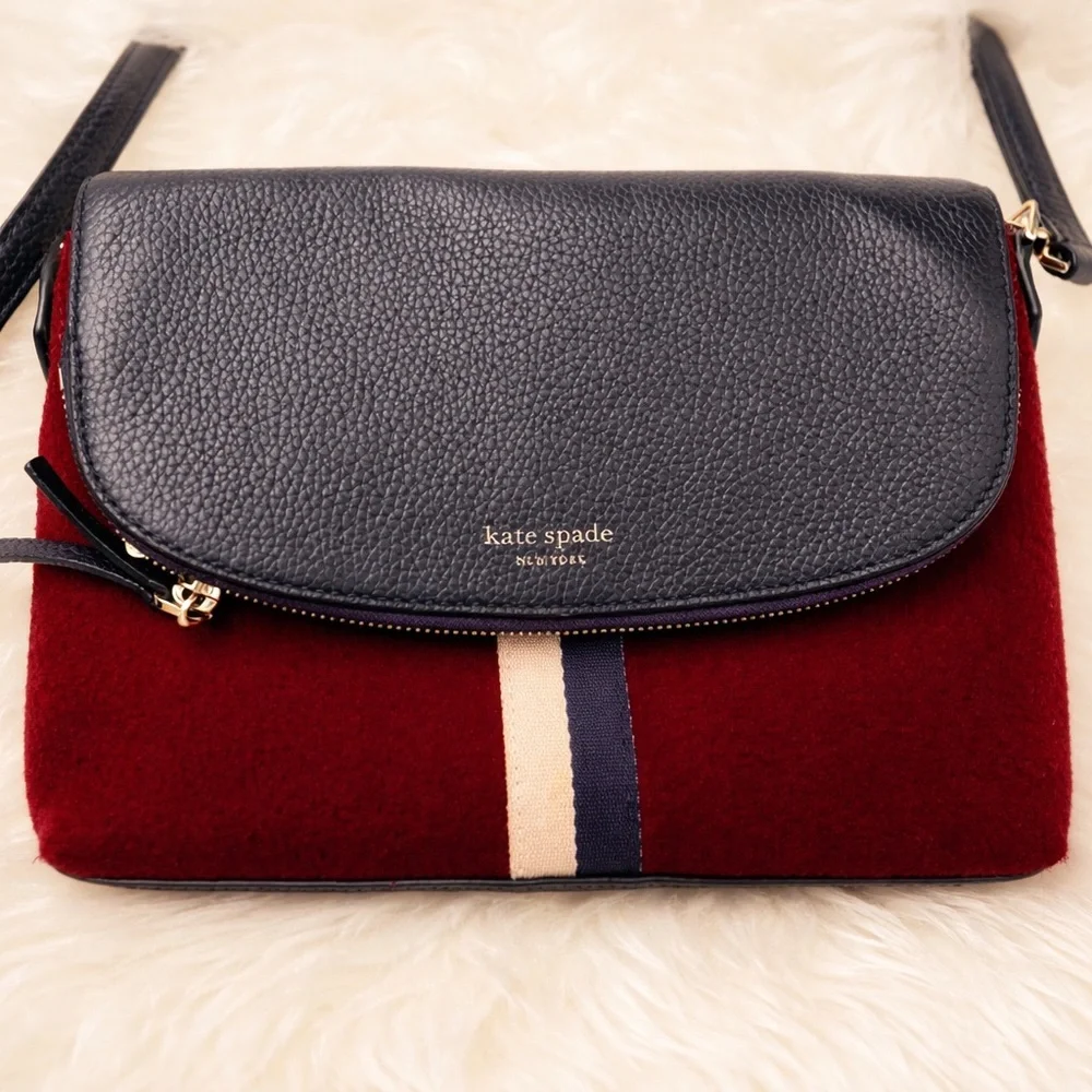 Kate Spade New York Wool & Leather Crossbody Bag Burgundy Navy Stripe Flap Purse